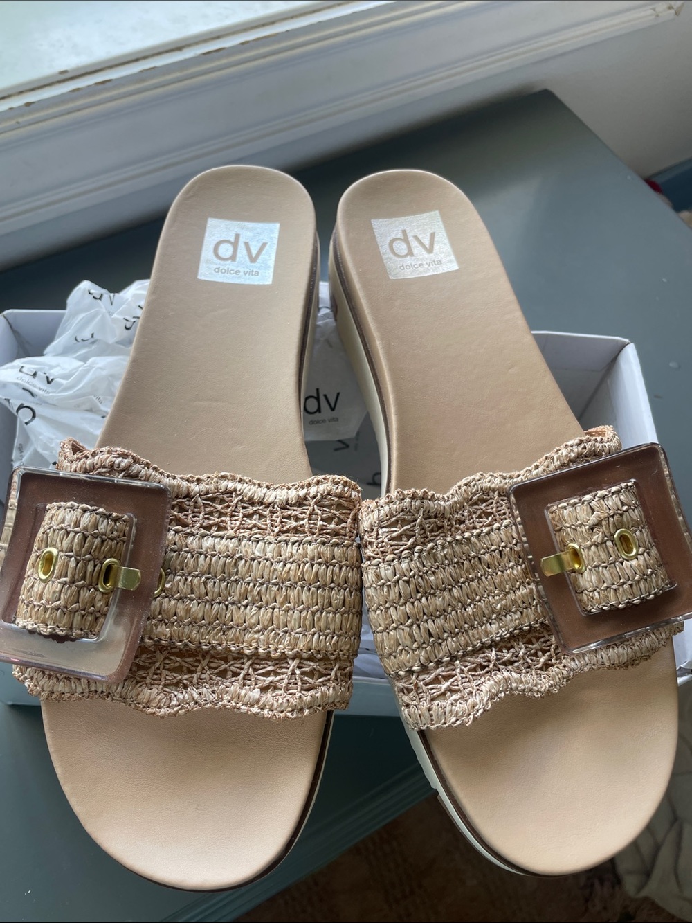Dolce Vita Natural Woven Slide Sandals with Buckle Accent